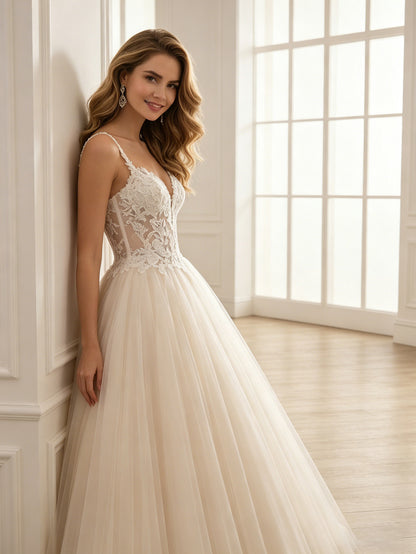 spaghetti strap lace tulle ball gown wedding dress with beaded bodice - image 5