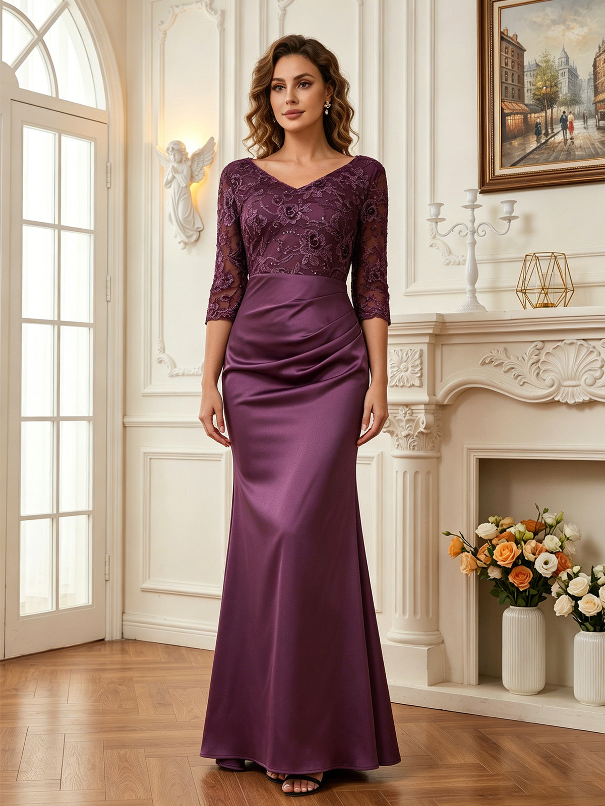 full length formal evening gown for mother of the bride with lace top and smooth mermaid skirt
