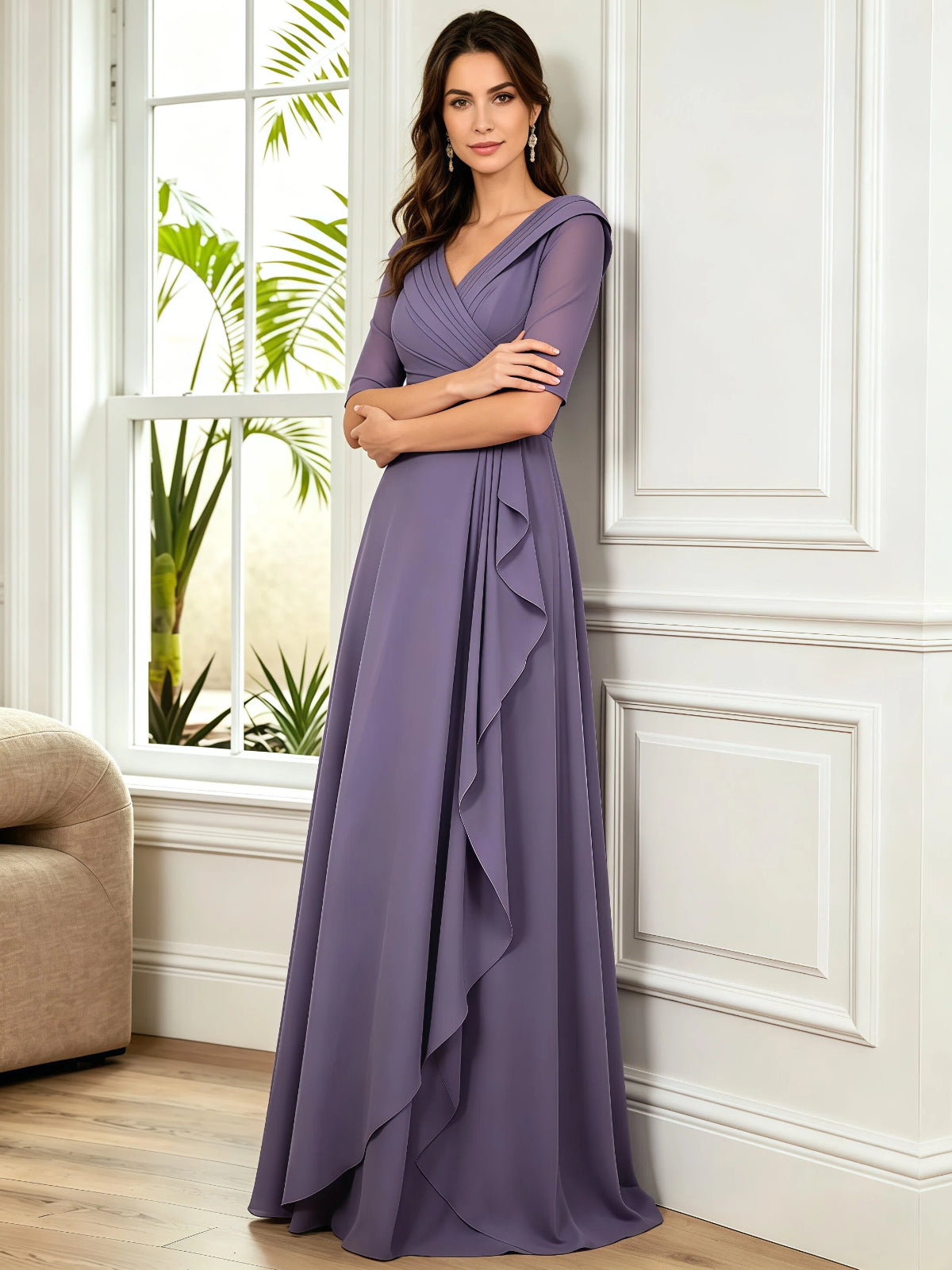 long V-neck chiffon mother of the bride dress with half sleeves, pleated bodice, and side ruffle alternate angle showing fabric drape and occasion-ready fit