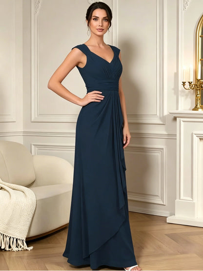 long sleeveless V-neck chiffon mother of the bride gown with pleated bodice and cascading ruffle detail additional view for mother of the bride and wedding guest outfit