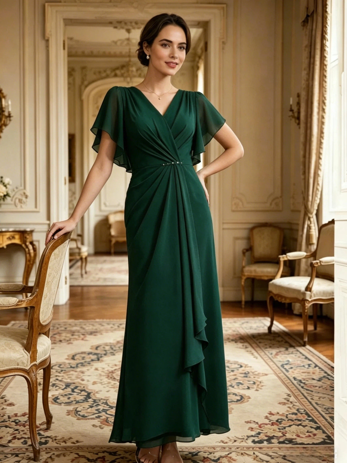long chiffon mother of the bride A-line gown with V-neck, flutter sleeves, and beaded waist detail alternate angle showing fabric drape and occasion-ready fit