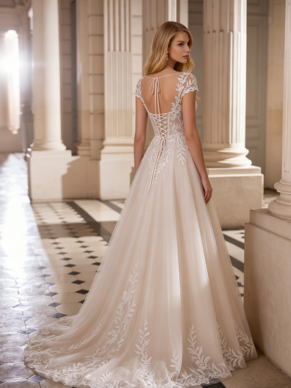 spaghetti strap lace tulle A-line wedding dress with beaded bodice - image 6