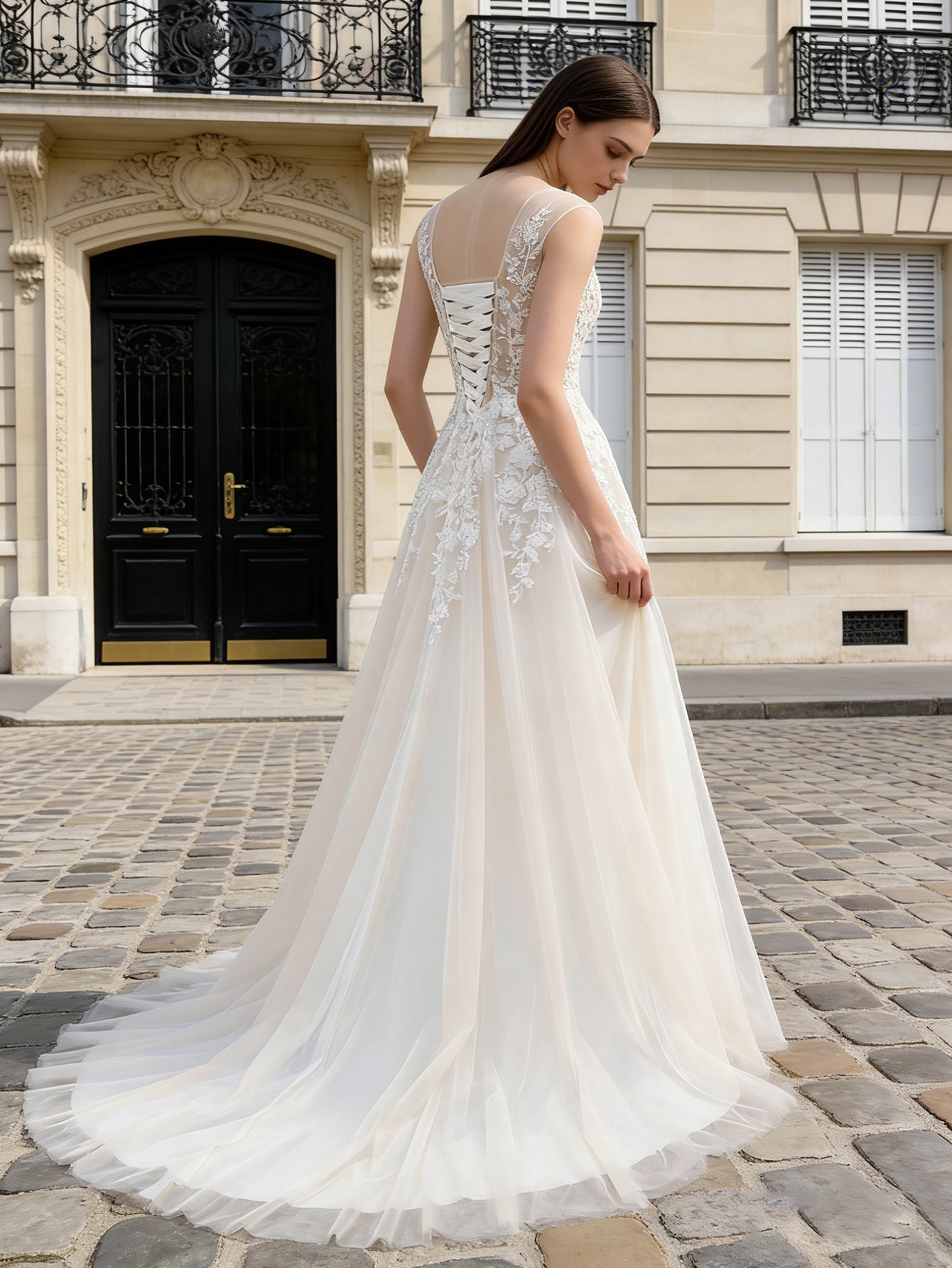 long sleeve lace A-line wedding dress with illusion neckline - image 6