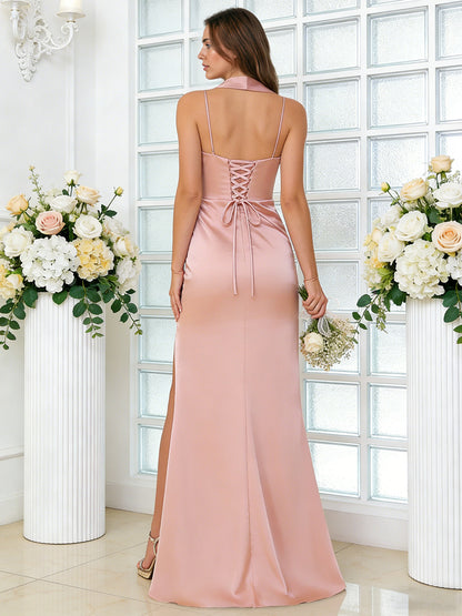 one shoulder satin bridesmaid dress with ruched draped skirt - image 6