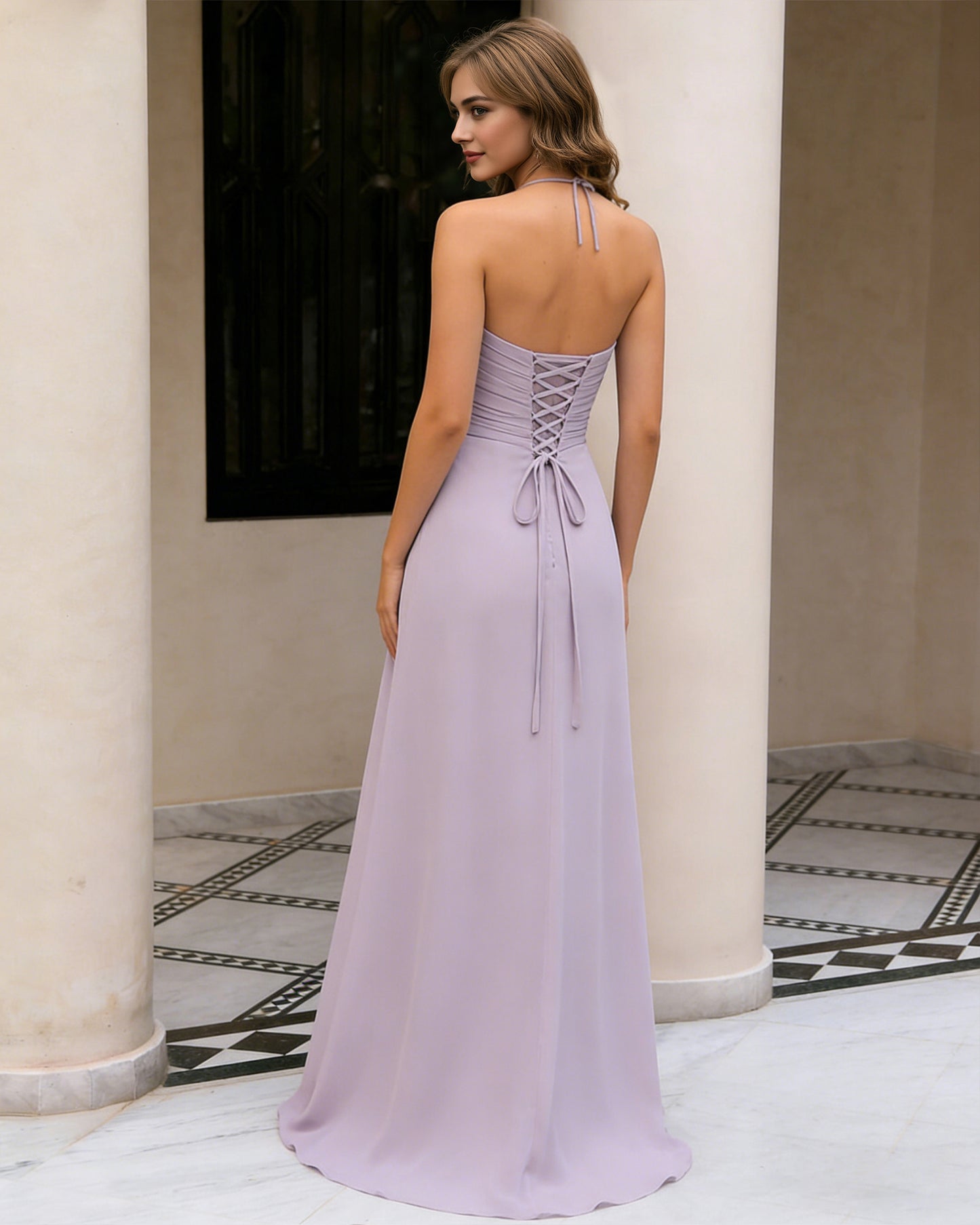 twist halter chiffon bridesmaid dress with keyhole bodice - image 6