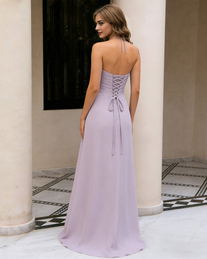 twist halter chiffon bridesmaid dress with keyhole bodice - image 6