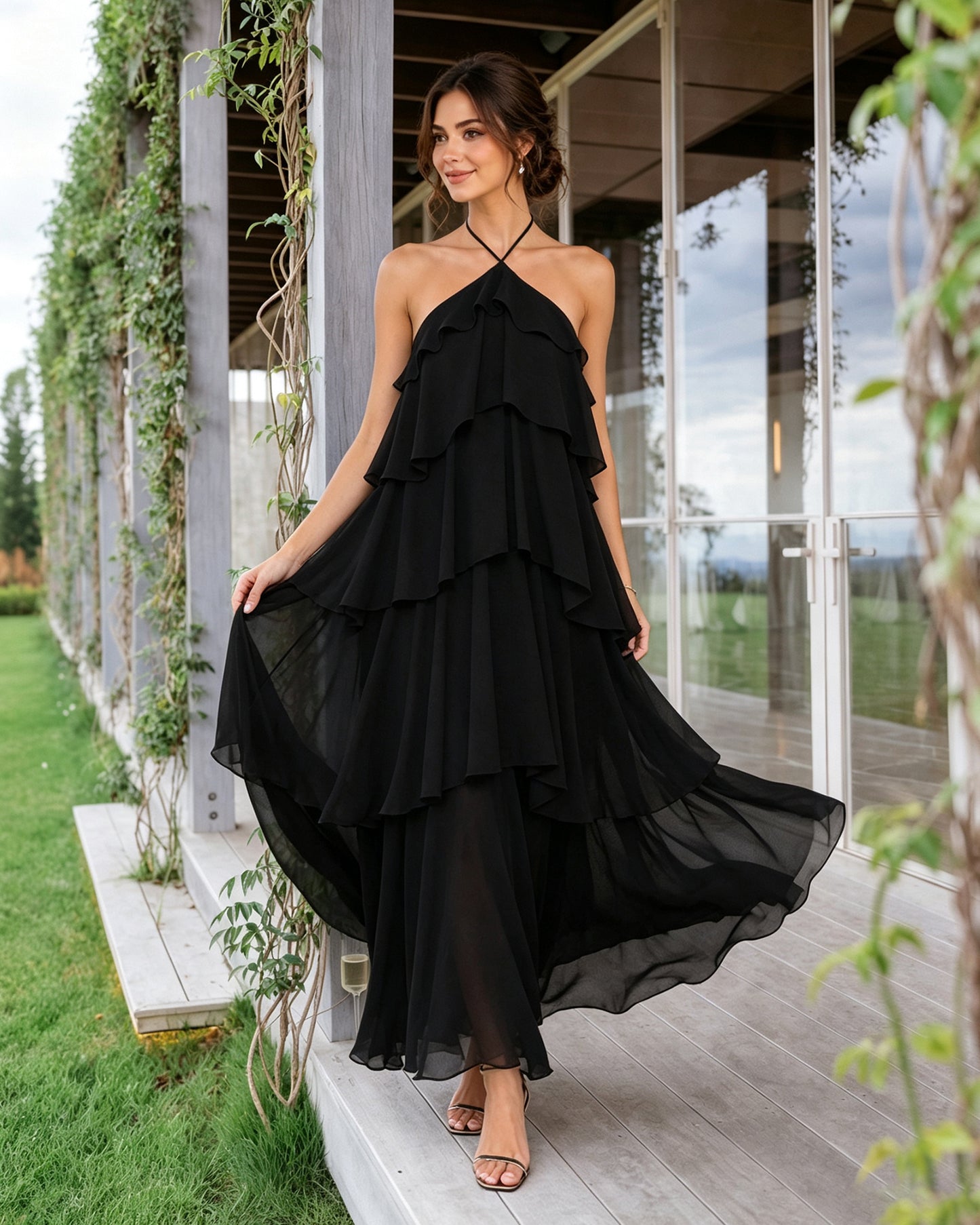 black halter neck tiered chiffon bridesmaid dress with ruffle overlay - image 6