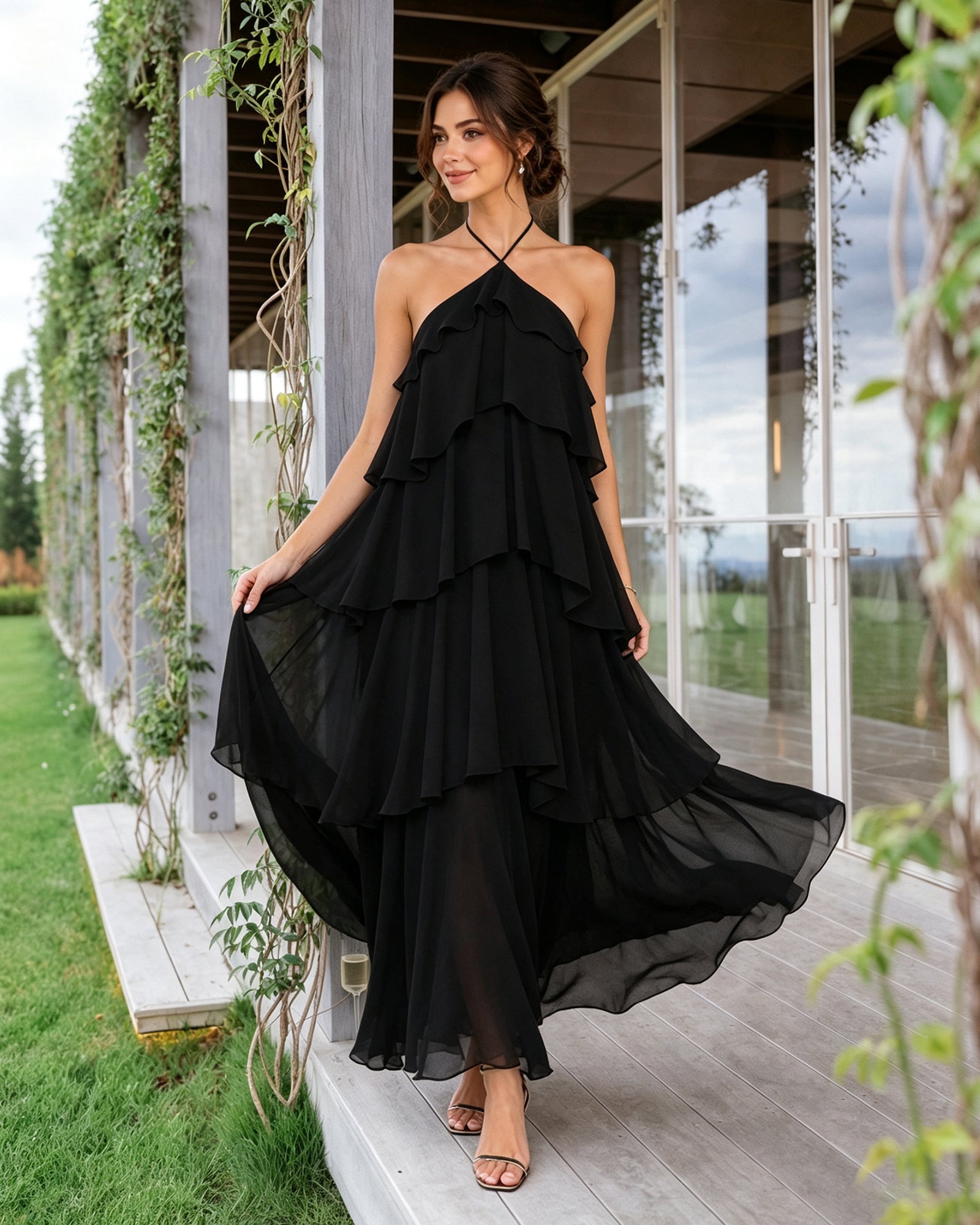 black halter neck tiered chiffon bridesmaid dress with ruffle overlay - image 6