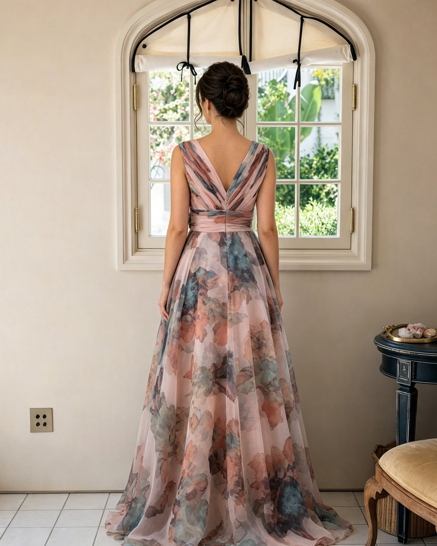 Floral Print V-Neck Chiffon Mother of the Bride Dress with Rosette Sash - back view with V-neckline and wide sash