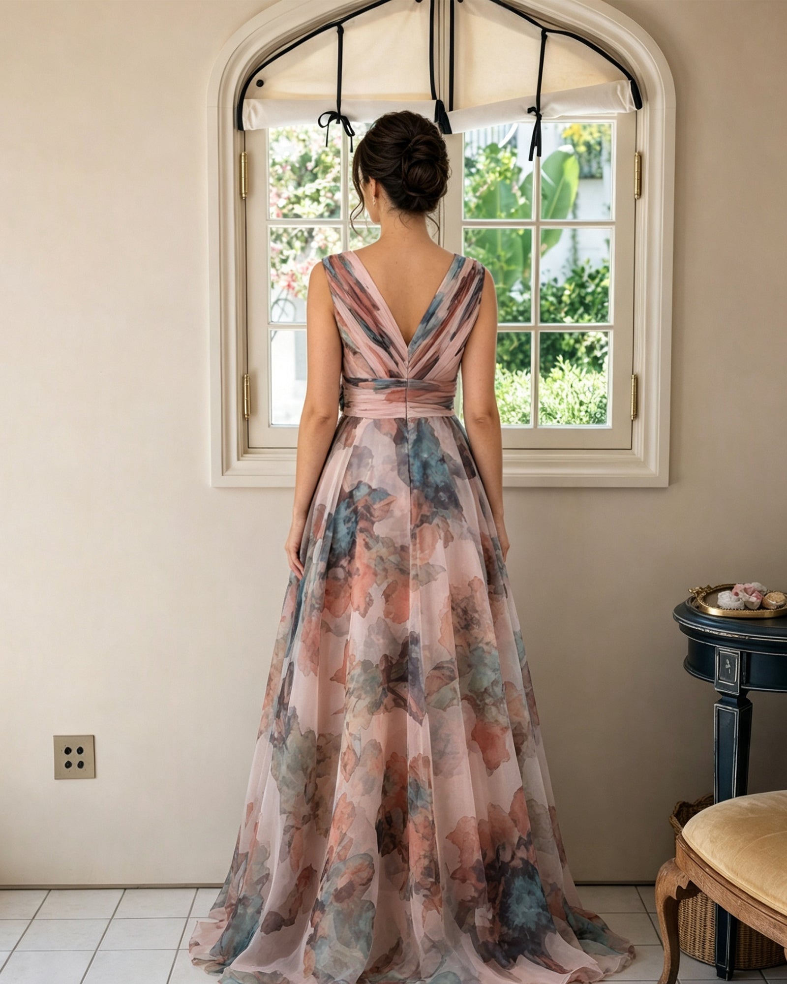 Floral Print V-Neck Chiffon Mother of the Bride Dress with Rosette Sash - back view with V-neckline and wide sash