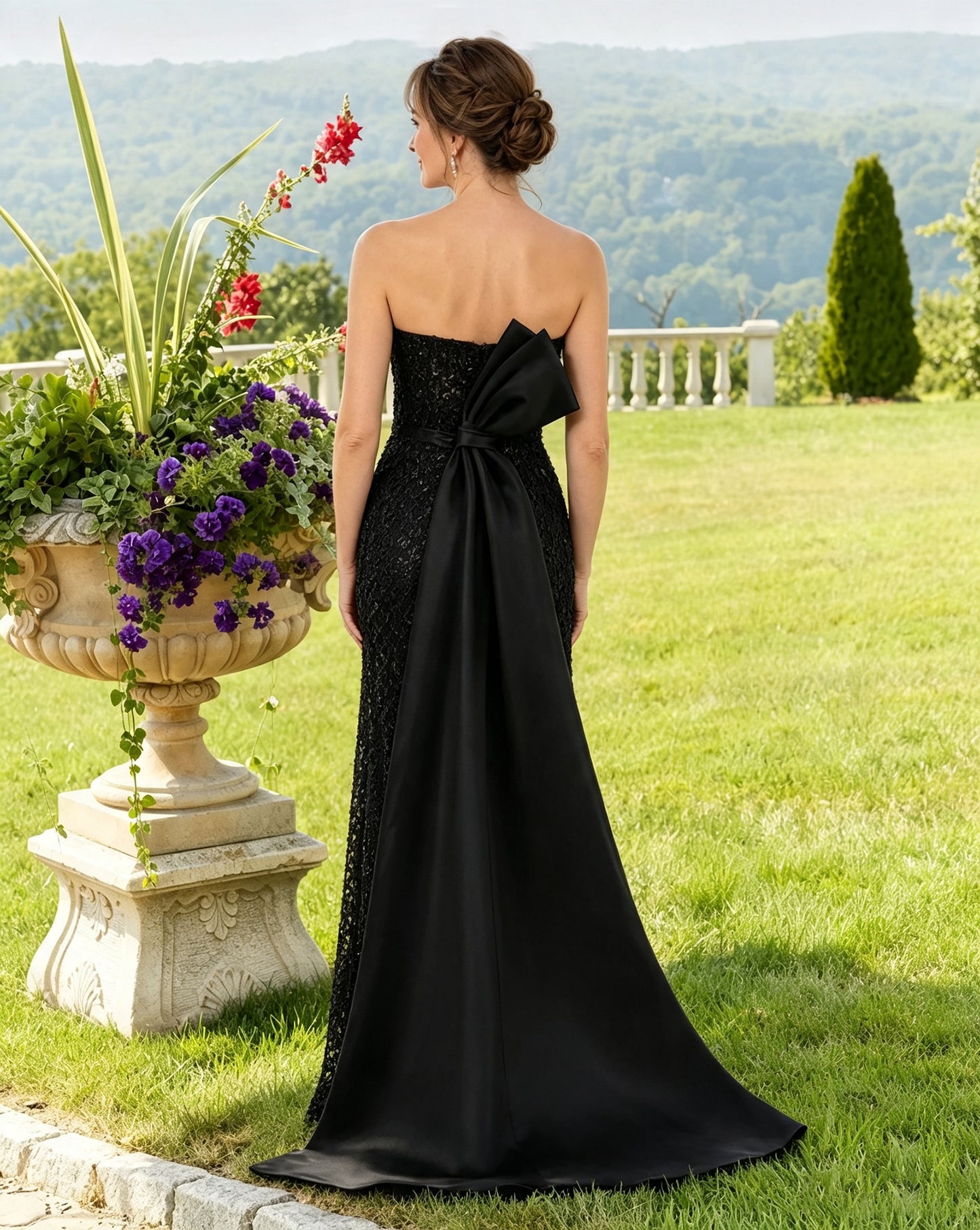 Strapless Beaded Mermaid Mother of the Bride Dress with Bow Back - back view with oversized bow and smooth panel