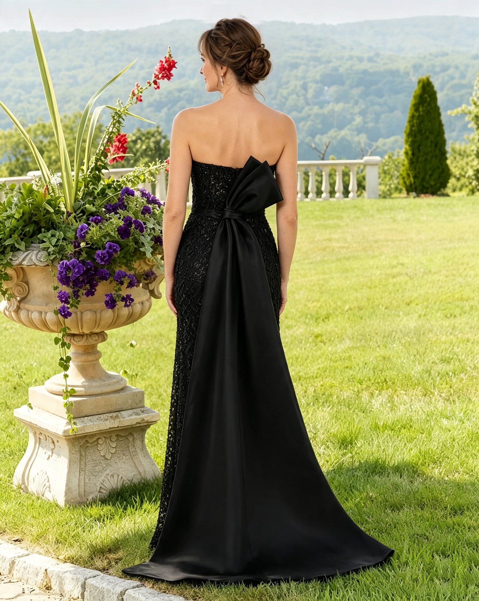 Strapless Beaded Mermaid Mother of the Bride Dress with Bow Back - back view with oversized bow and smooth panel