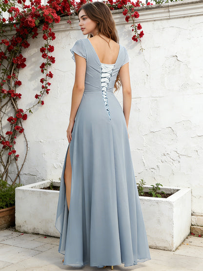 cap sleeve chiffon bridesmaid dress with ruffle V-neck and slit - image 6