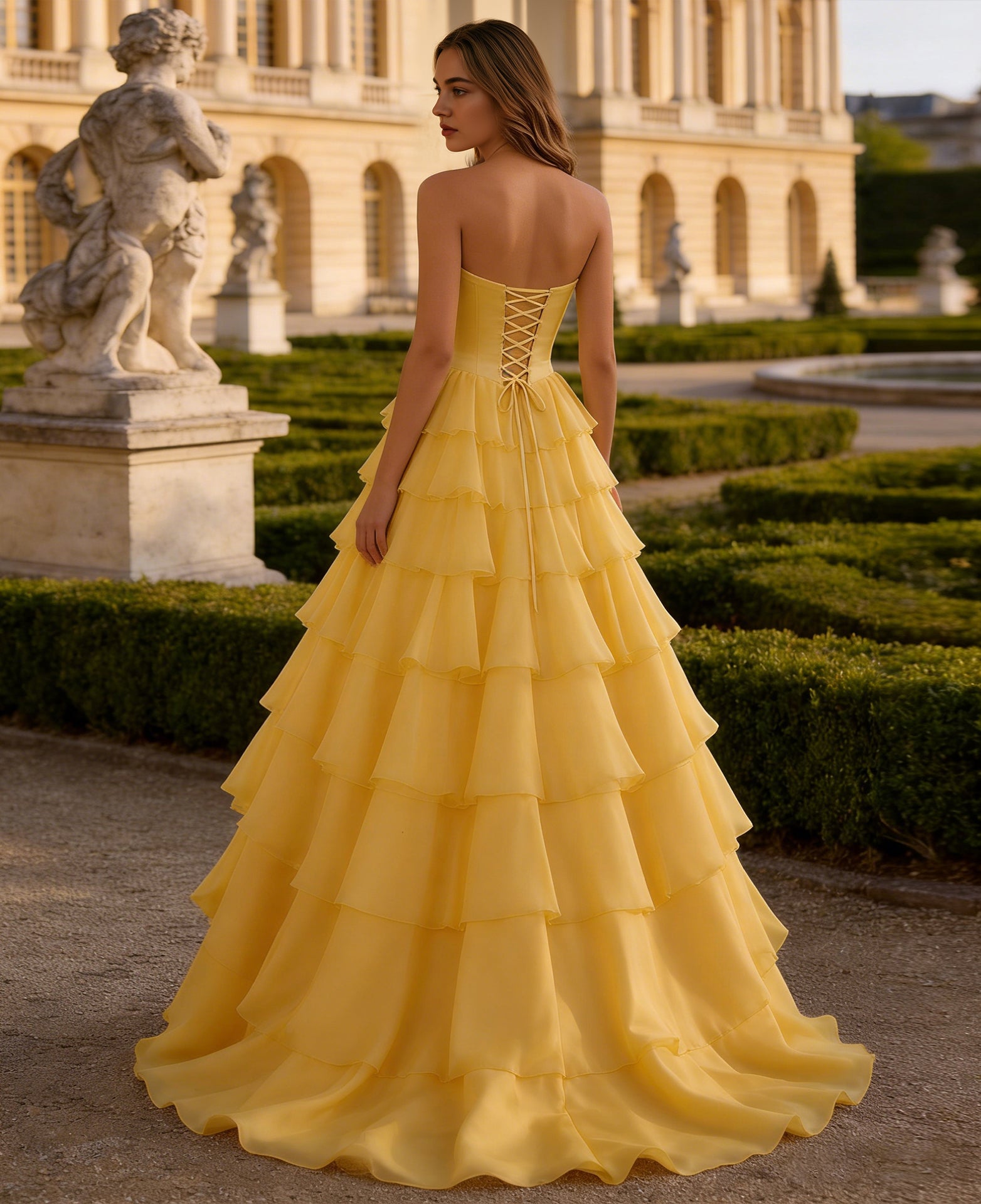 yellow strapless tiered organza ball gown prom dress with corset top - image 6