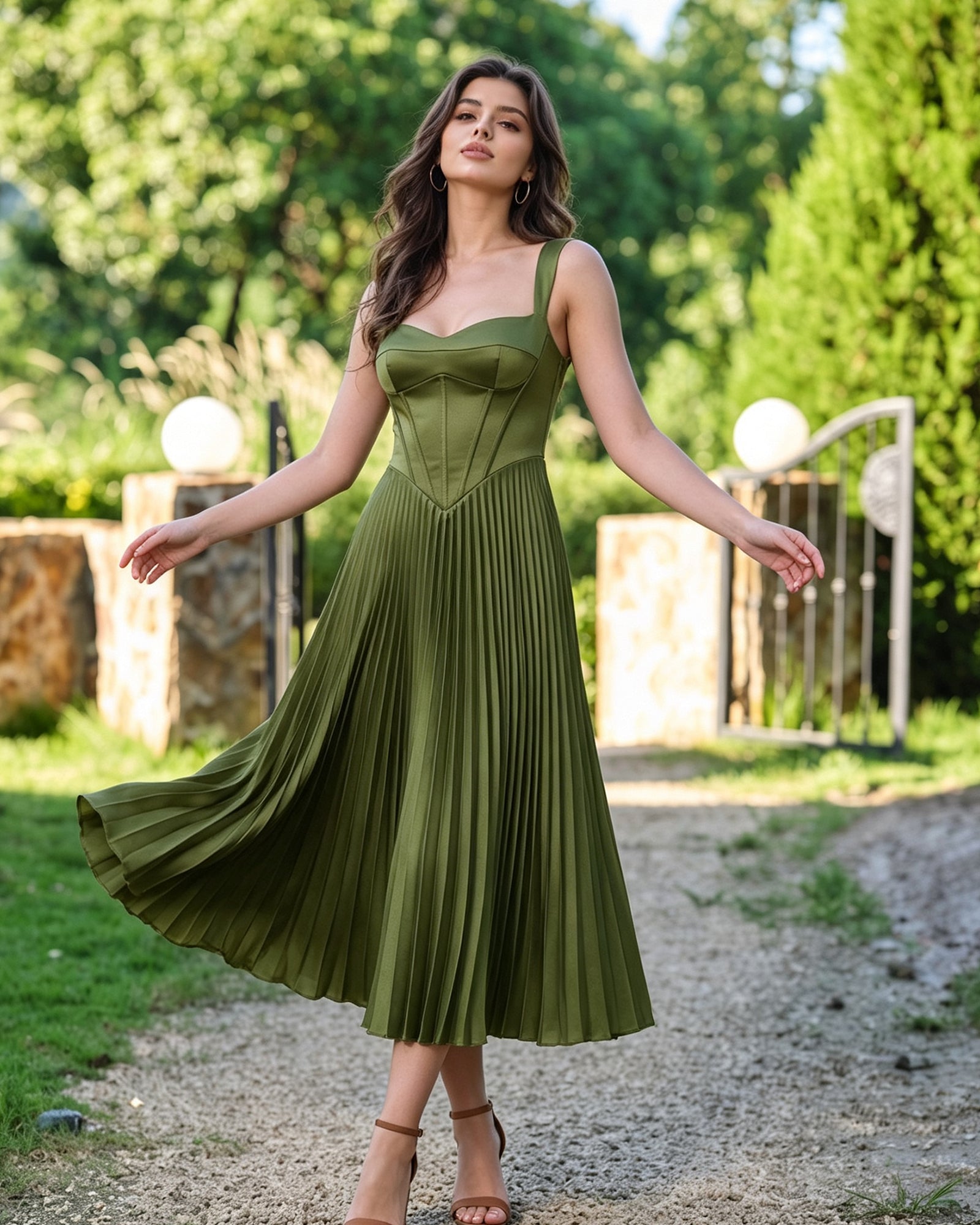 square neck corset midi formal dress with pleated A-line skirt - image 5
