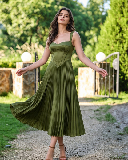 square neck corset midi formal dress with pleated A-line skirt - image 5