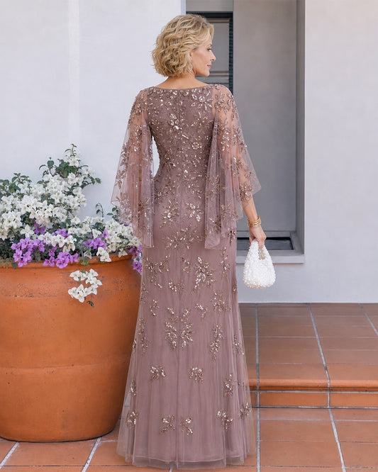 V-Neck Floral Sequin Mother of the Bride Dress with Cape Sleeves - back view of sheer floral cape overlay