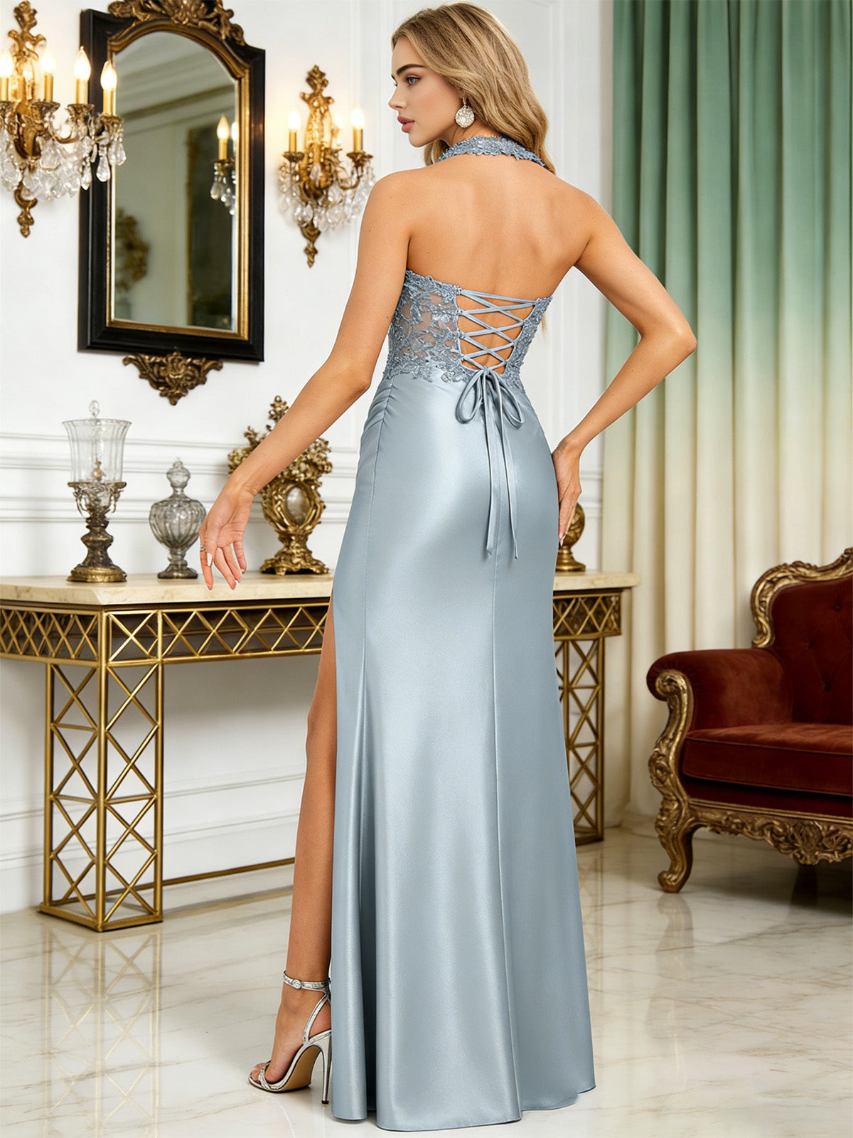 dusty blue halter beaded satin sheath prom dress with open back and slit - image 5