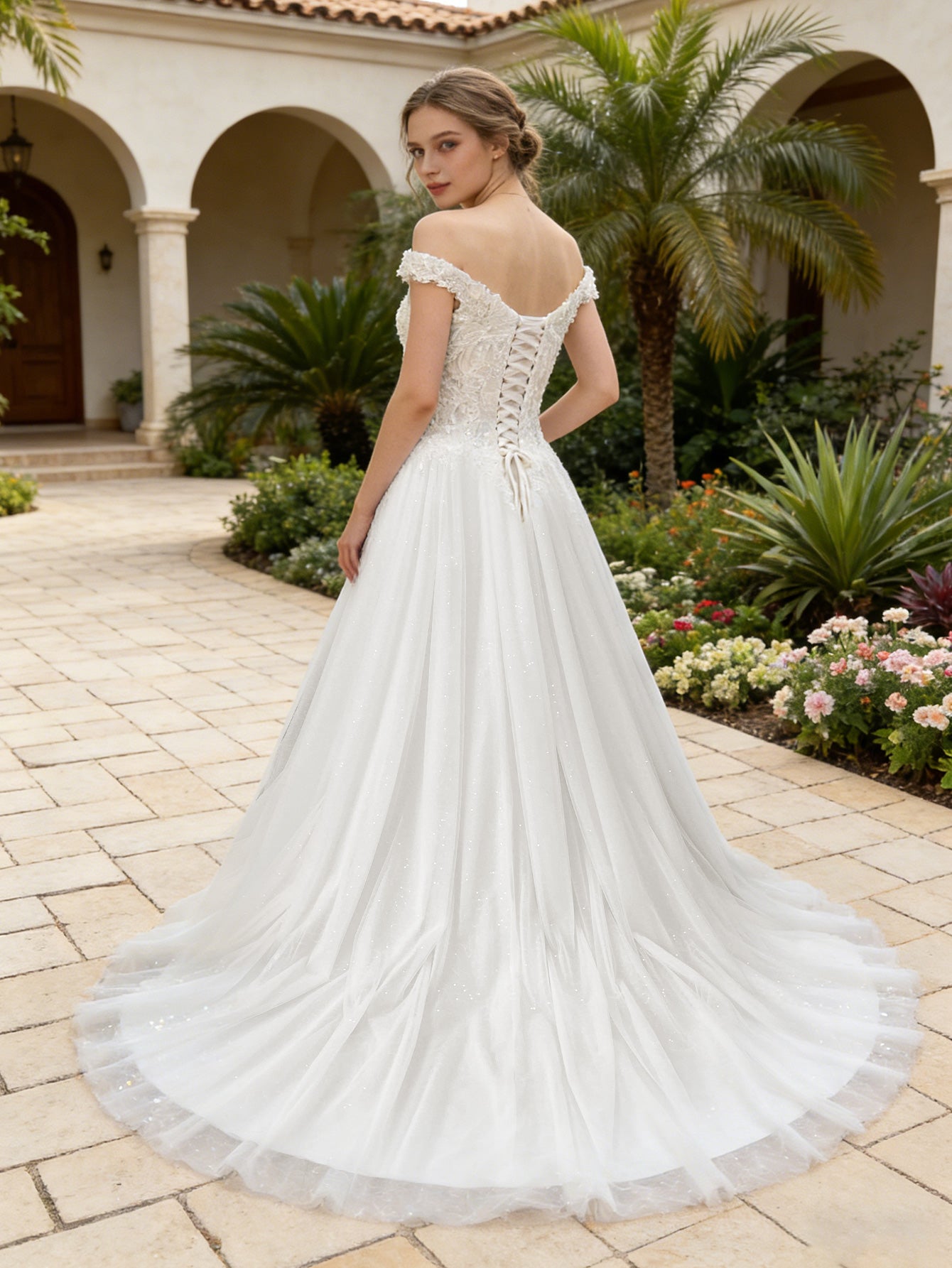 off shoulder lace tulle A-line wedding dress with sweetheart bodice - image 6