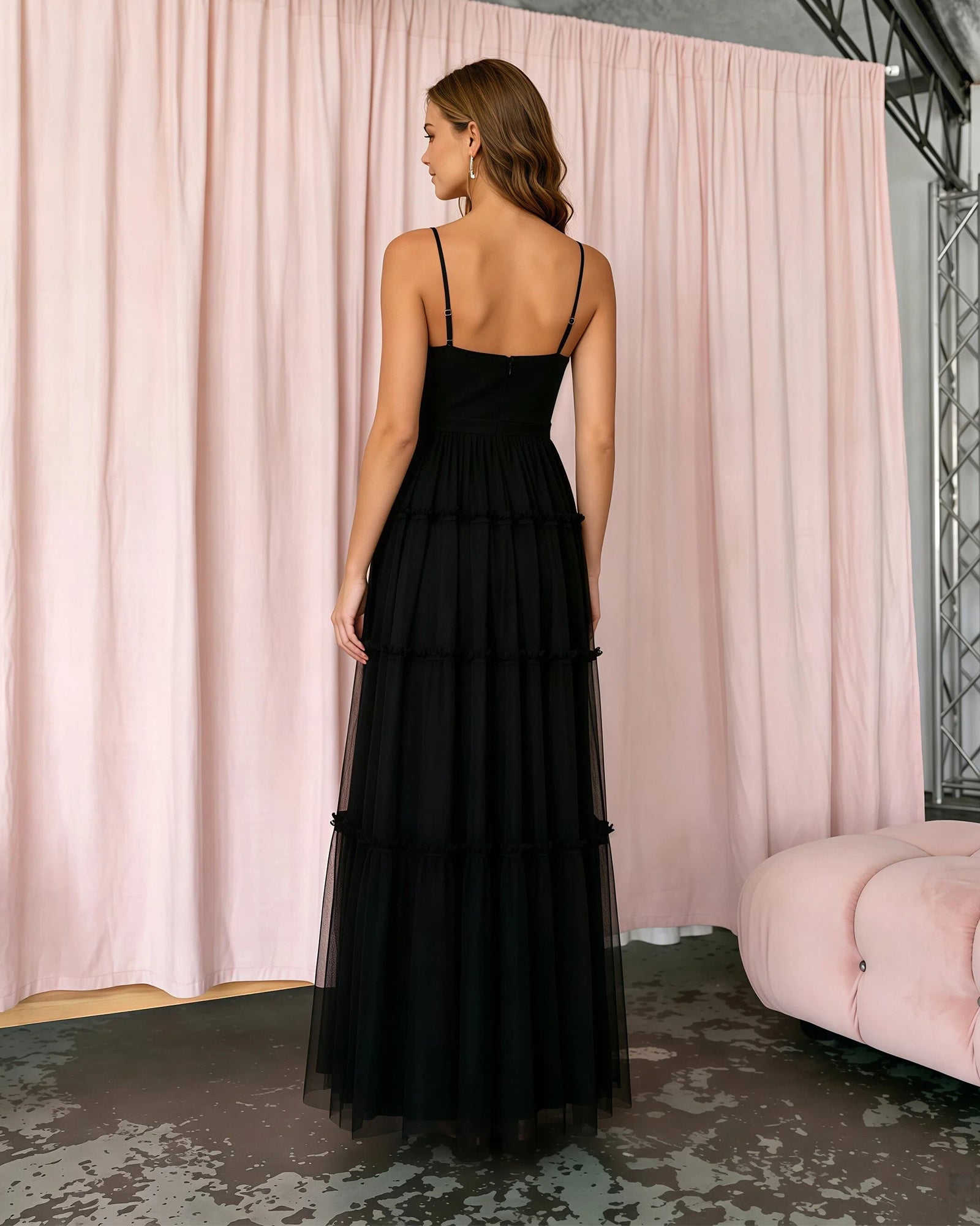 spaghetti strap tiered tulle a-line formal dress - full-length view