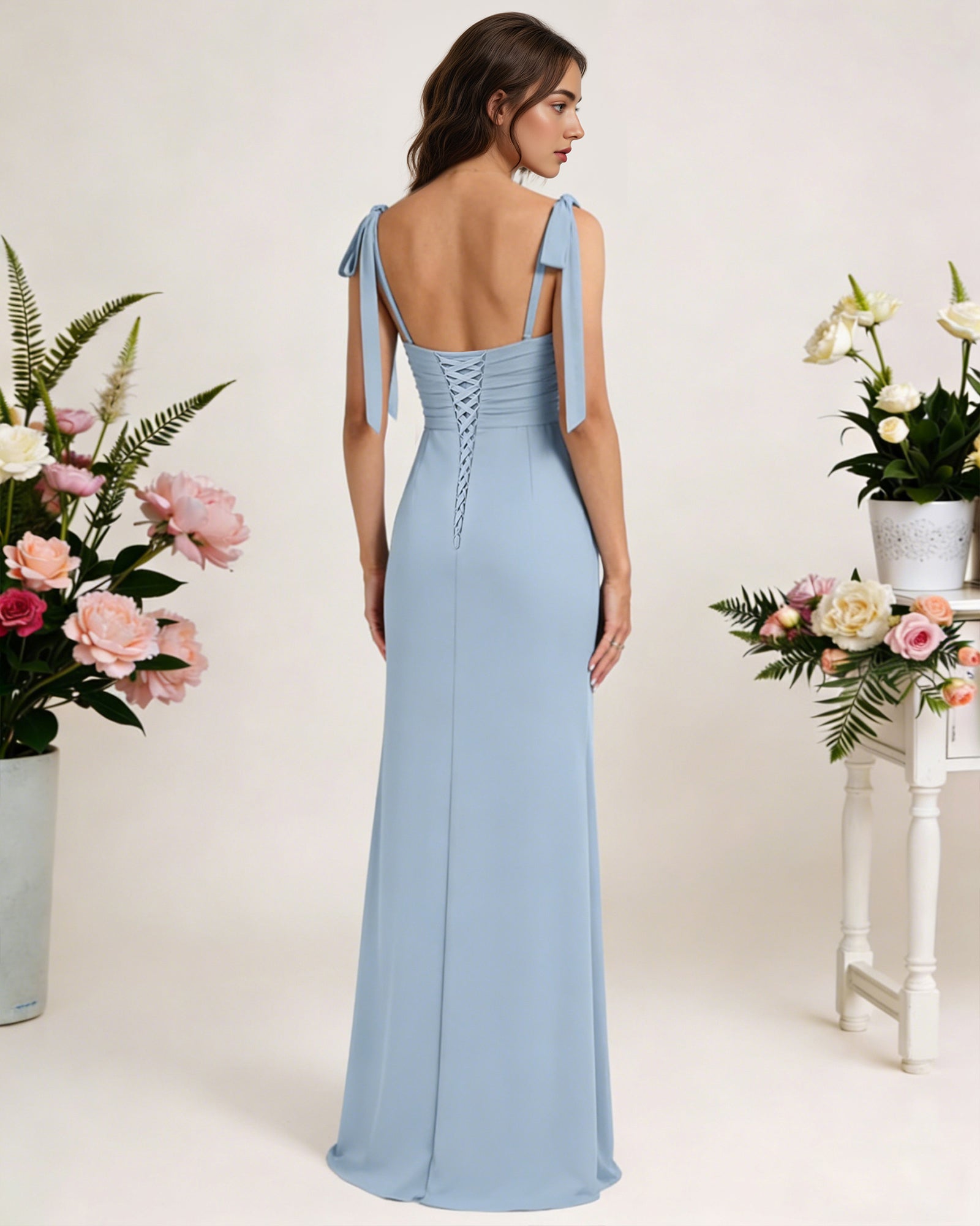 tie strap chiffon bridesmaid dress with square neck and high slit - image 6