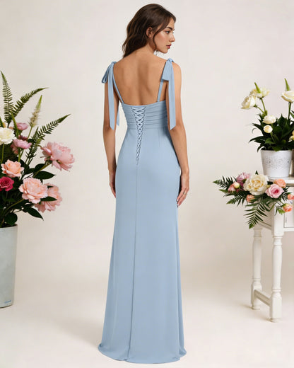 tie strap chiffon bridesmaid dress with square neck and high slit - image 6