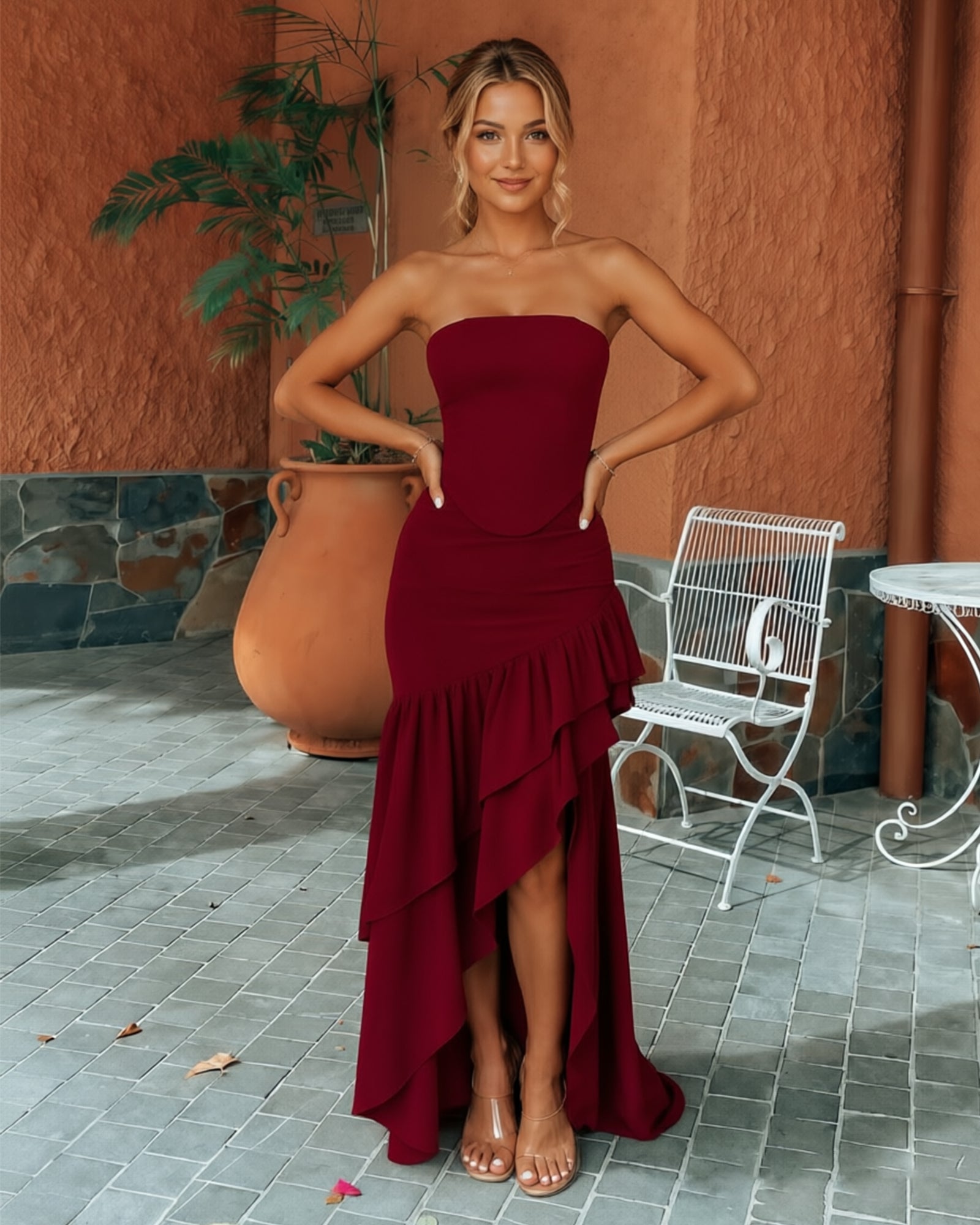 Strapless Satin High-Low Prom Dress with Ruffled Hem and Lace-Up Back - product image 6