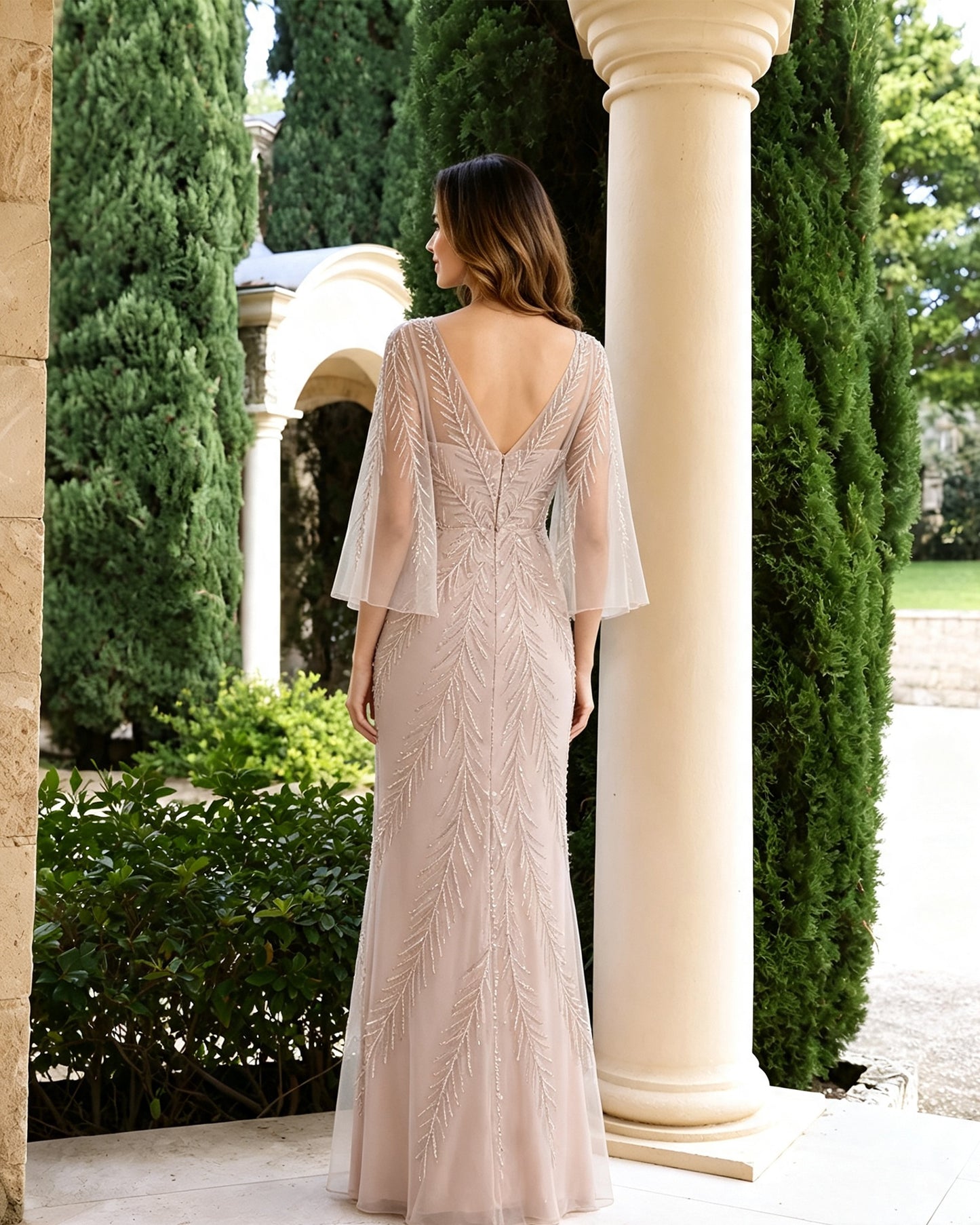 Beaded Illusion Neck Mother of the Bride Dress with Bell Sleeves - back view with V-neckline and geometric pattern