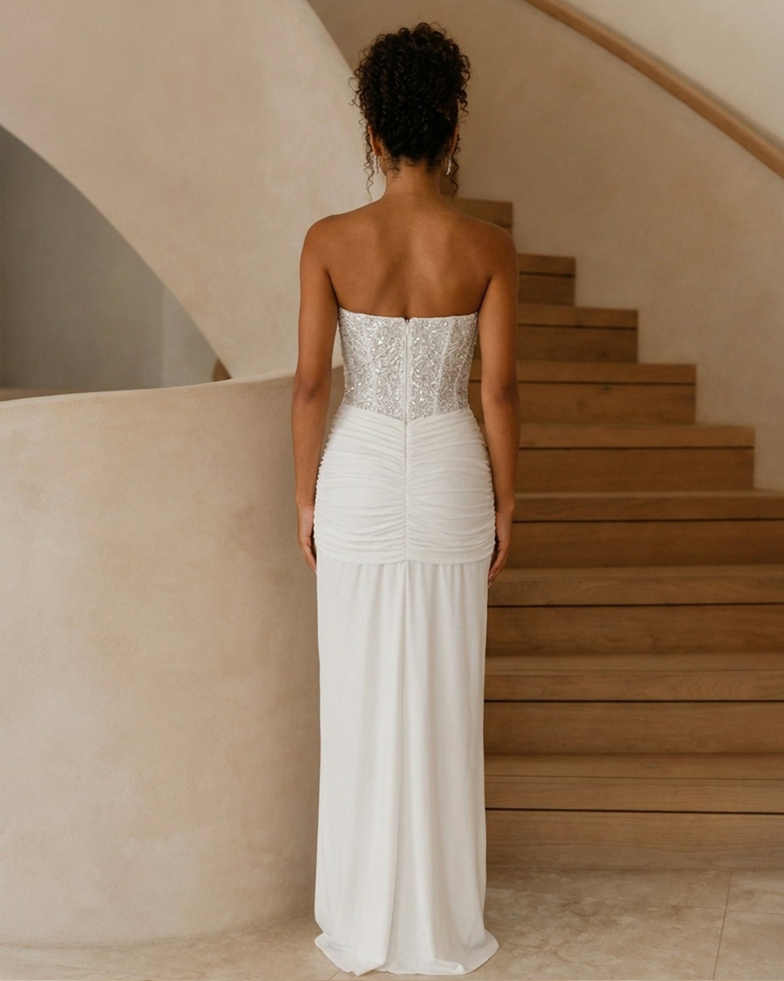 strapless sequin corset jersey prom dress with draped scarf detail - image 6