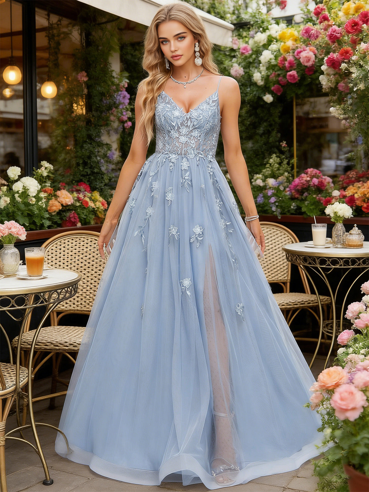 dusty blue beaded bodice tulle ball gown prom dress with spaghetti straps - image 6
