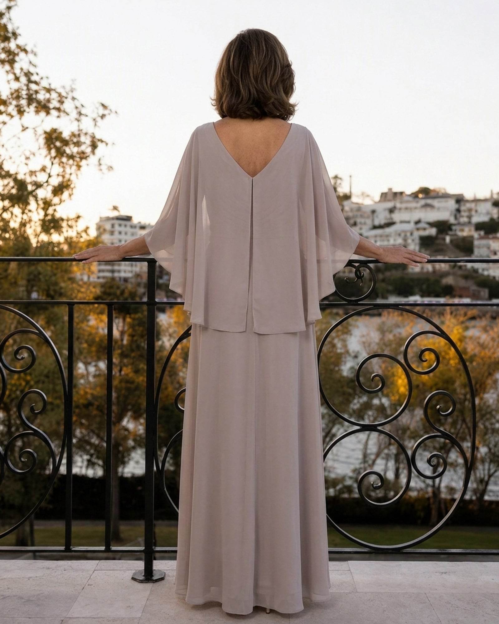 V-Neck Chiffon Cape Mother of the Bride Dress with Jeweled Waist - back view of V-neck cape overlay