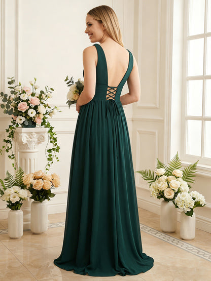 deep V-neck chiffon bridesmaid dress with pleated waist - image 6
