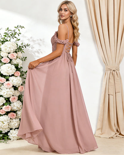 off shoulder lace applique bridesmaid dress with flowing chiffon dress - image 6