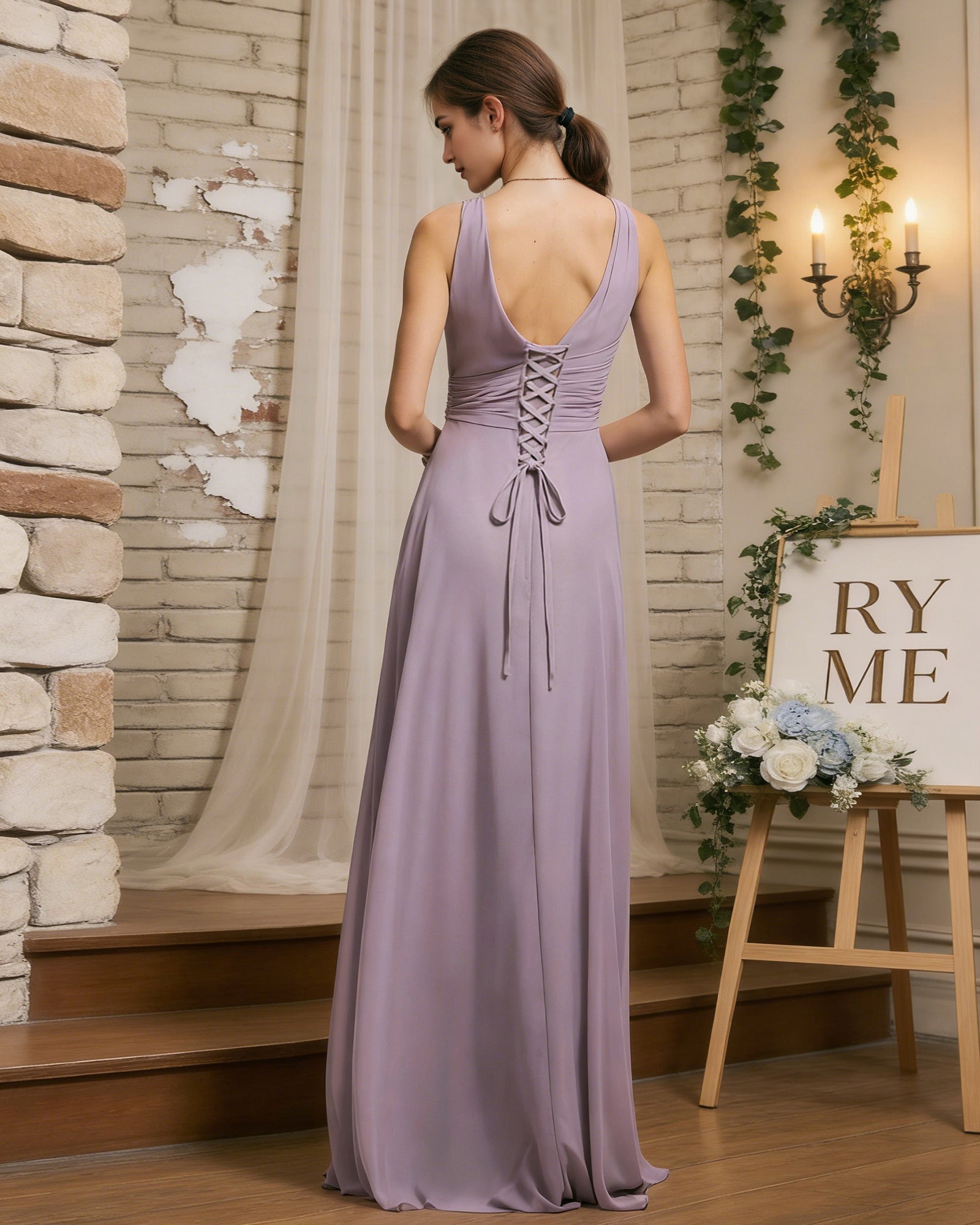 halter V-neck chiffon bridesmaid dress with draped sash waist - image 7