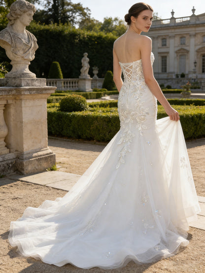 strapless lace mermaid wedding dress with sheer bodice and train - image 6