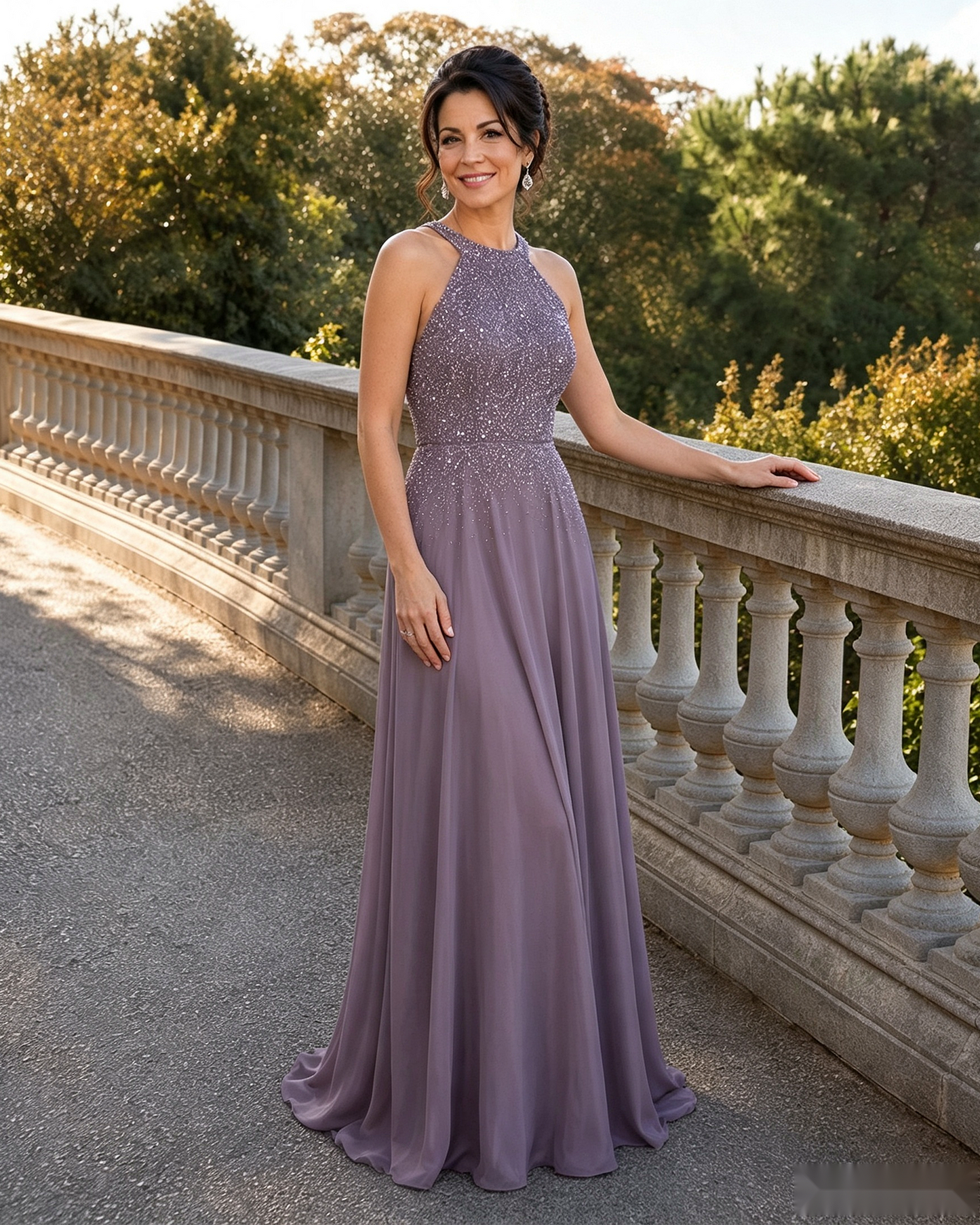 Halter Neck Sequin Chiffon A-Line Mother of the Bride Dress - side profile view
