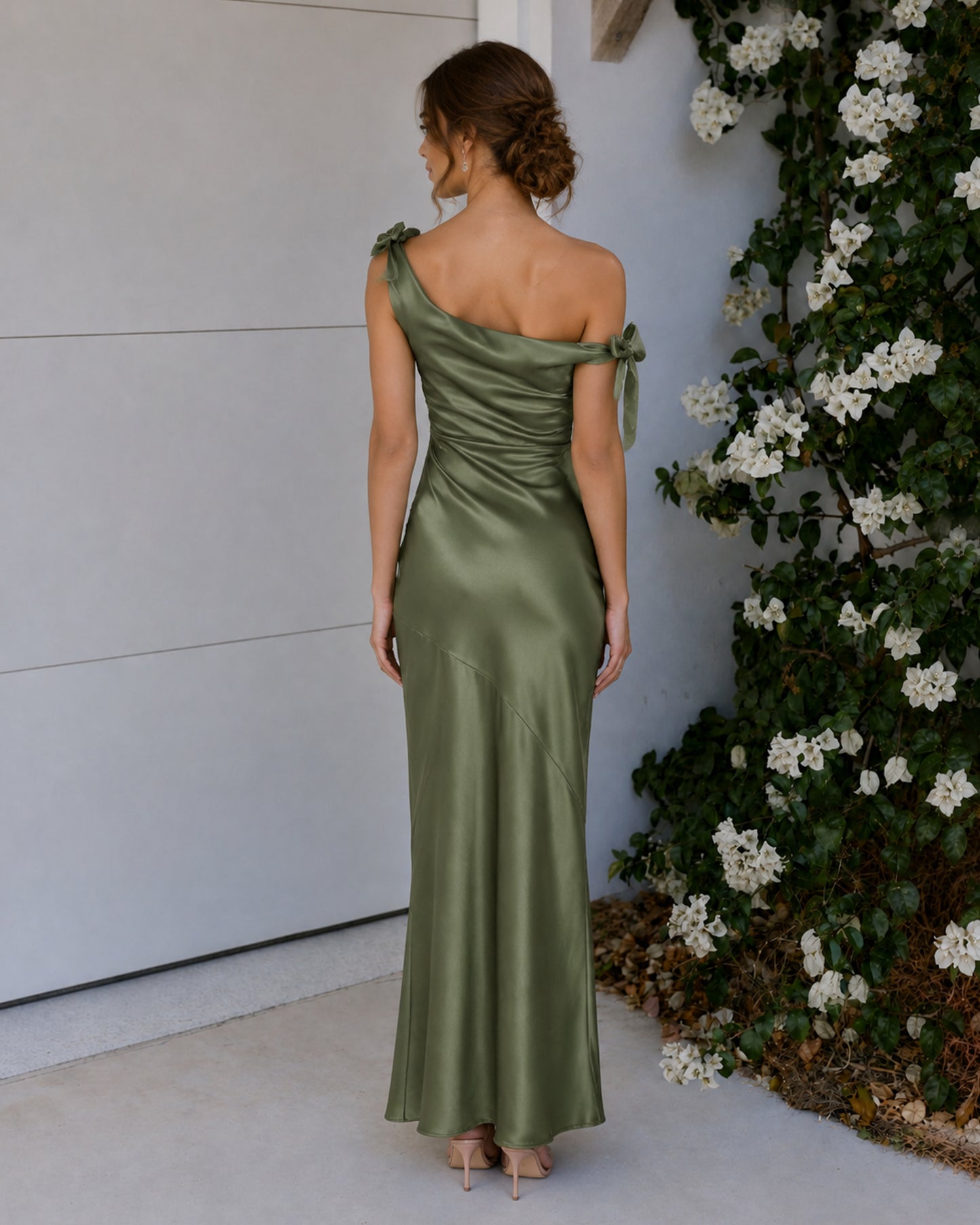 one-shoulder cowl neck satin mermaid bridesmaid dress with bow straps - back view