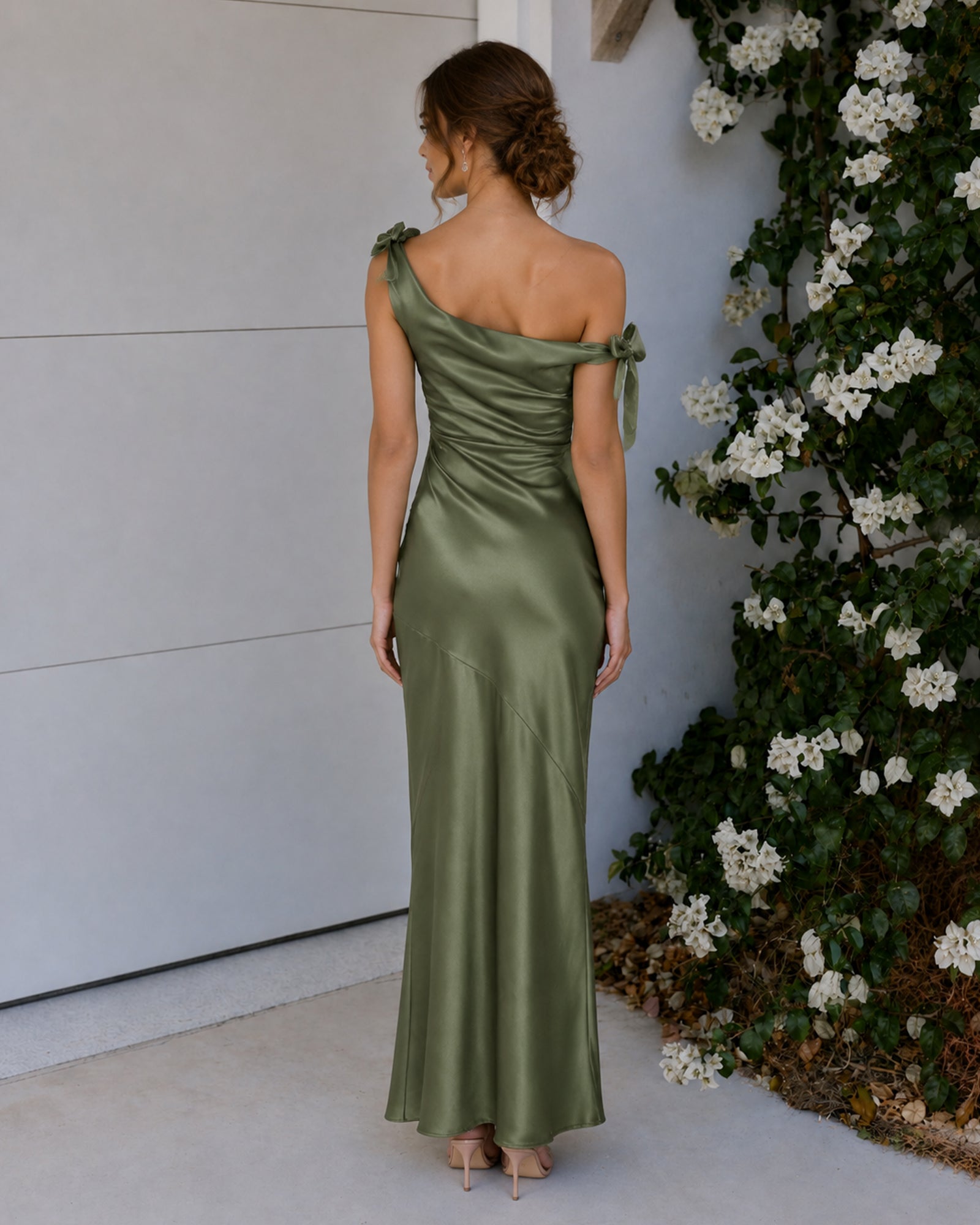 one-shoulder cowl neck satin mermaid bridesmaid dress with bow straps - back view