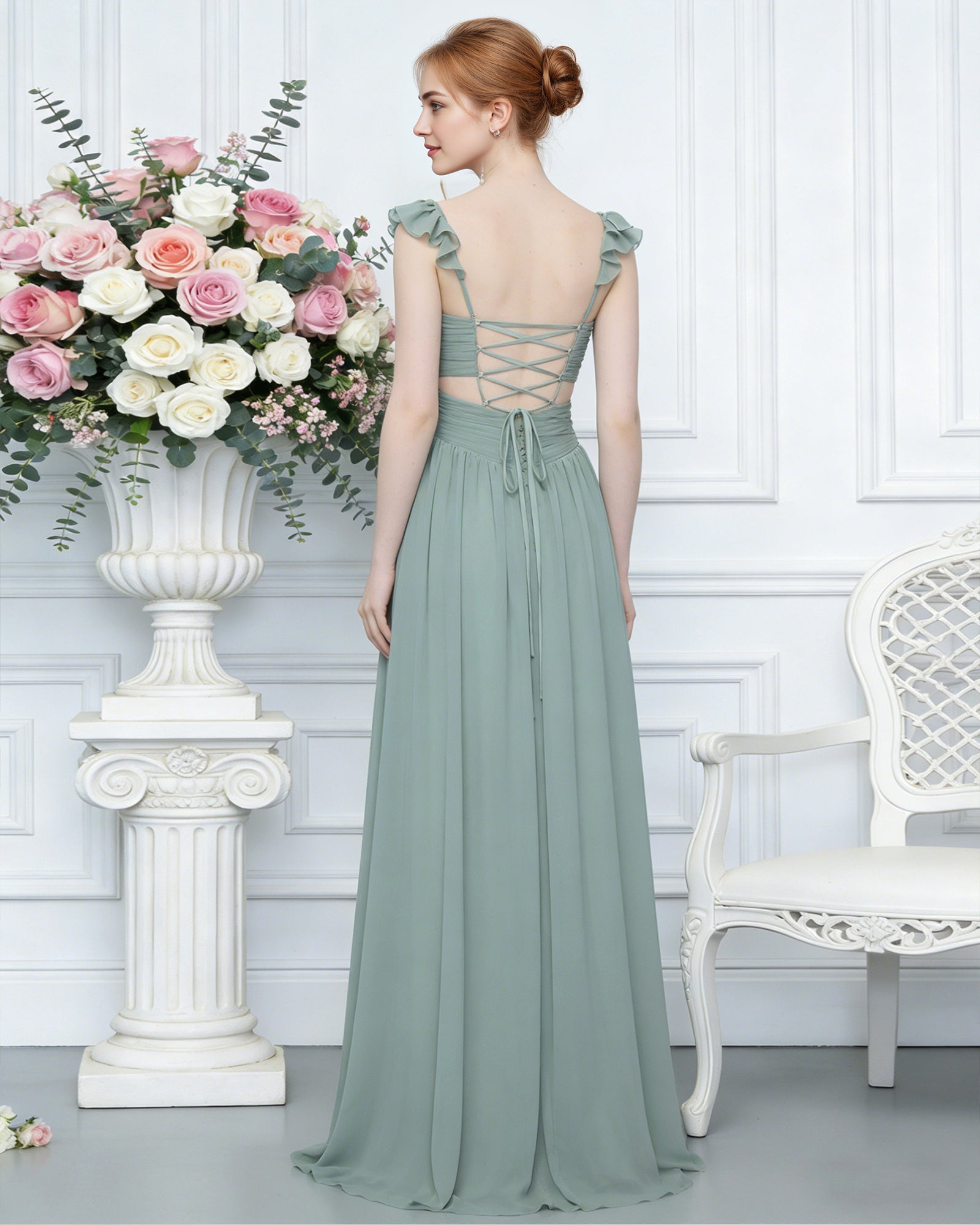 ruffle strap V-neck tulle bridesmaid dress with pleated waist - image 6