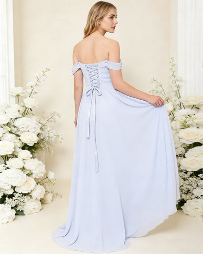 off shoulder pleated chiffon bridesmaid dress with flowing A-line skirt - image 7