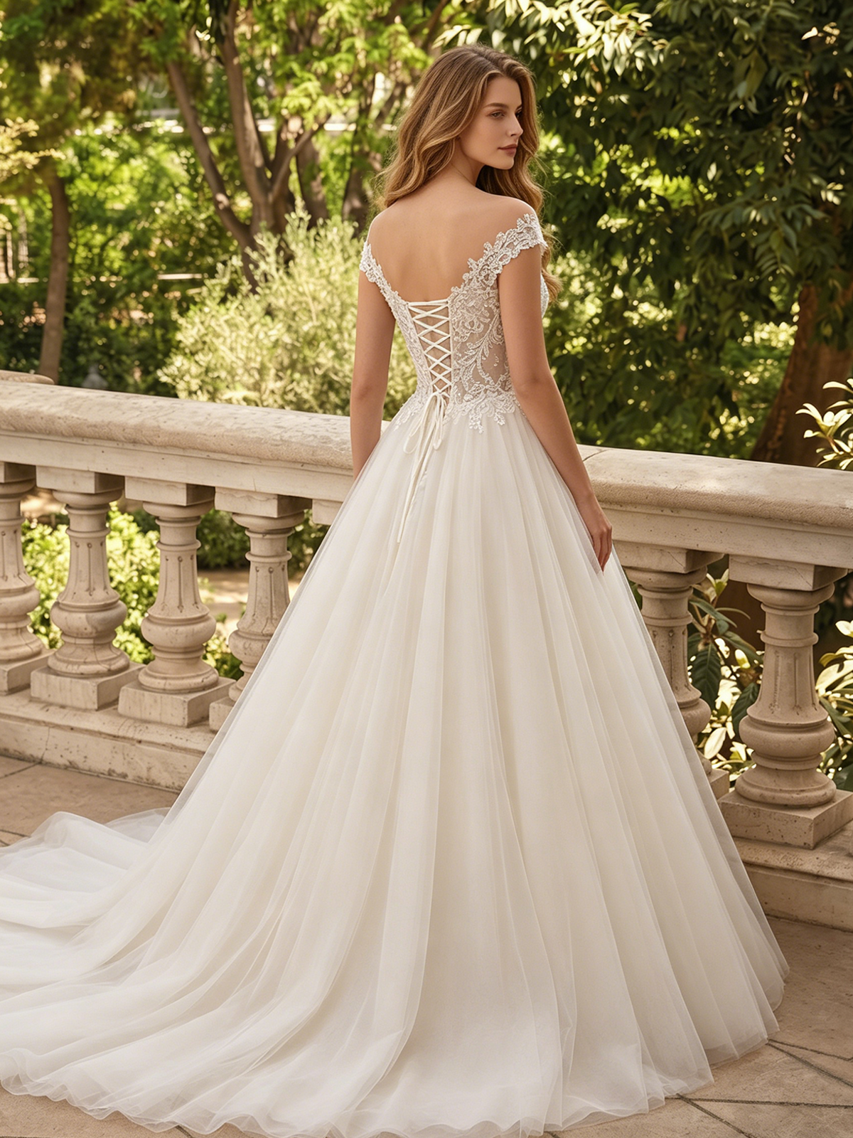 spaghetti strap lace tulle ball gown wedding dress with floral bodice - image 6