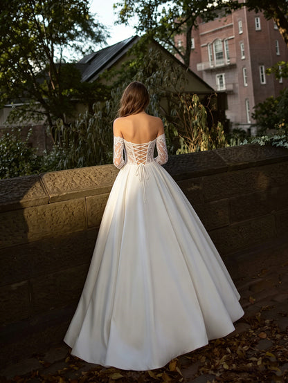 off shoulder lace ball gown wedding dress with long sleeve bodice - image 6
