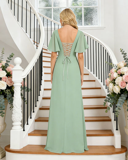 flutter sleeve chiffon bridesmaid dress with tiered front ruffle - image 6