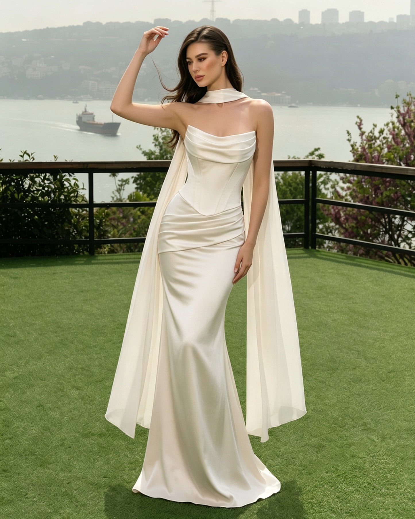 ivory satin corset mermaid bridesmaid dress with cowl neck and dramatic scarf - image 6