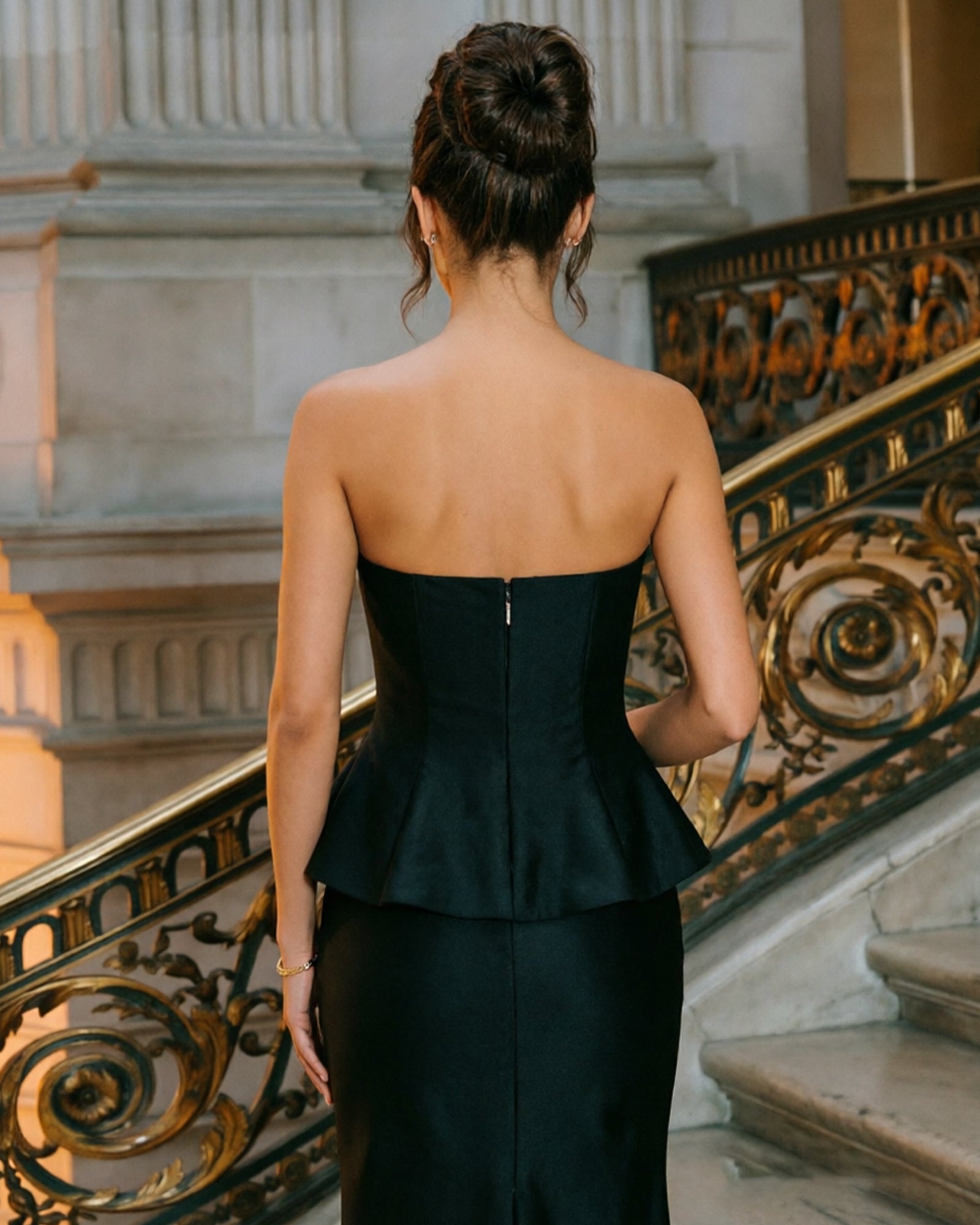 strapless peplum mermaid formal dress with satin skirt - image 5
