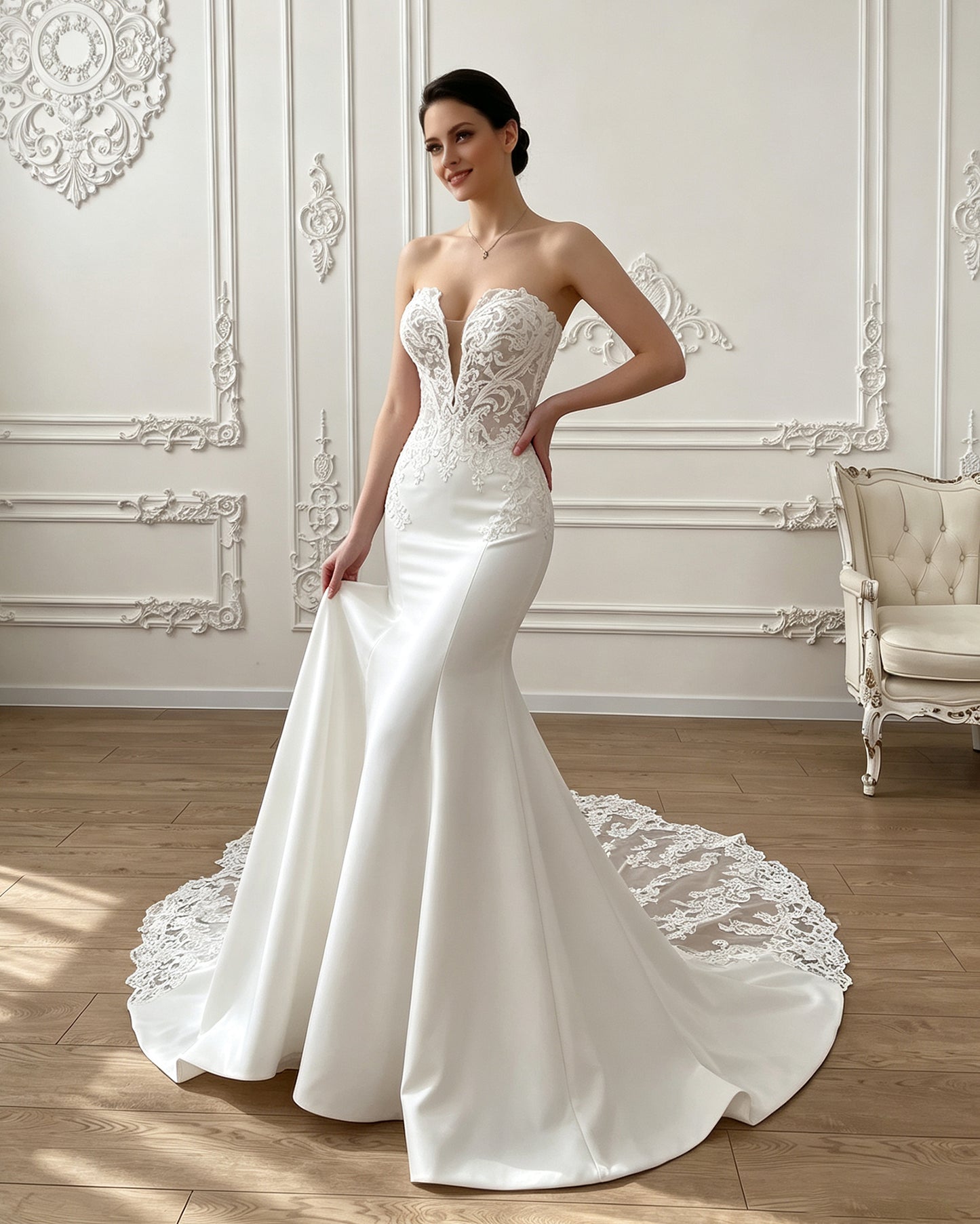 strapless lace mermaid wedding dress with corset bodice and chapel train - image 6