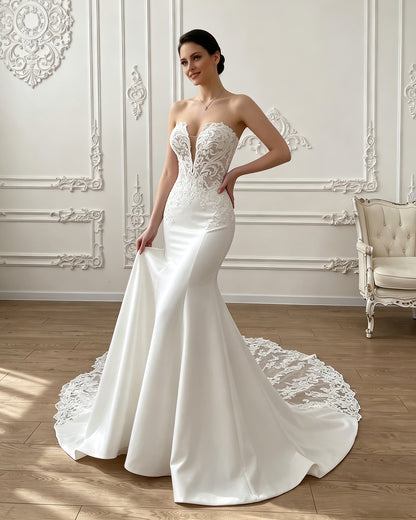 strapless lace mermaid wedding dress with corset bodice and chapel train - image 6