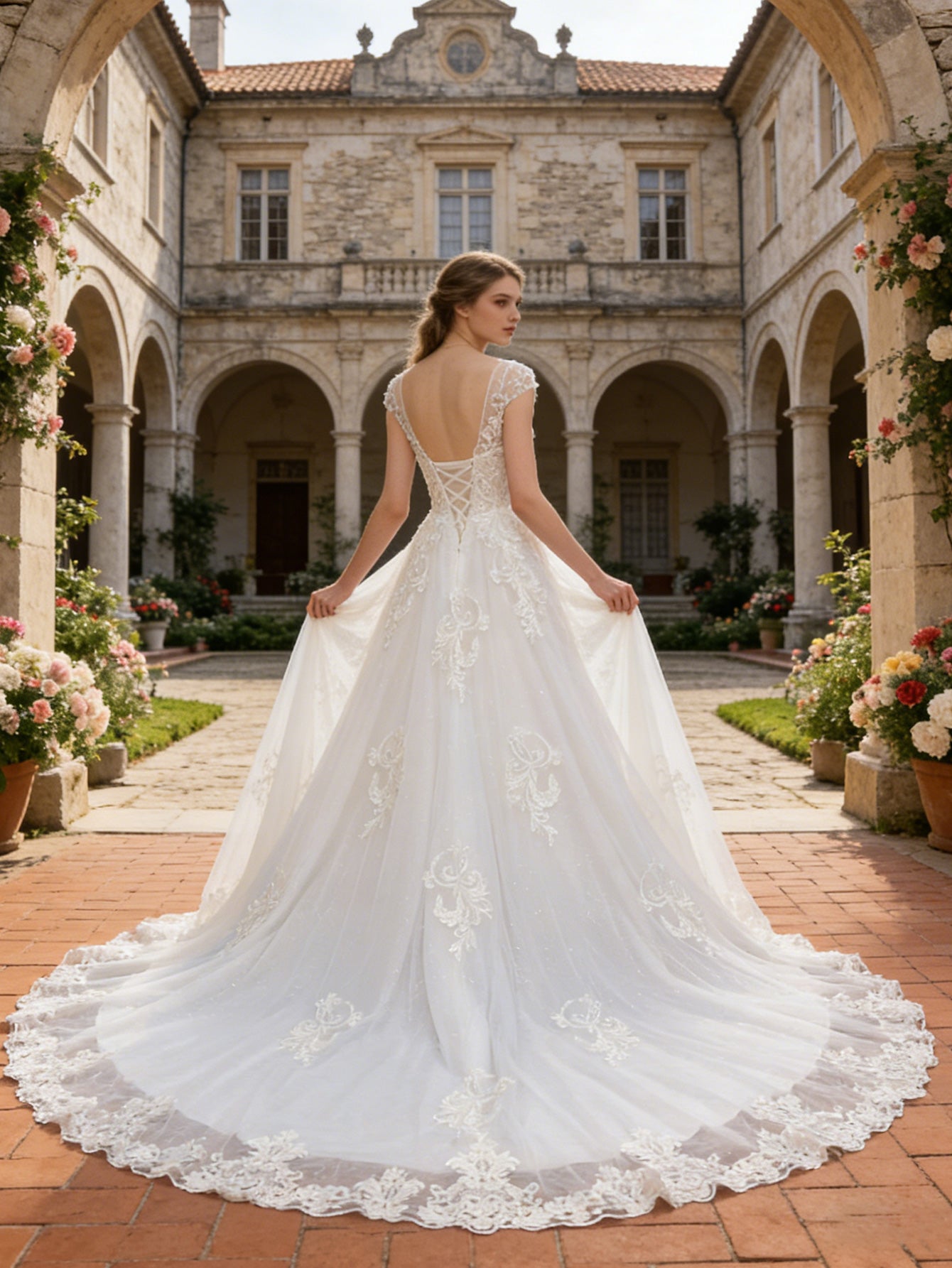 off shoulder lace A-line wedding dress with floral applique train - image 6