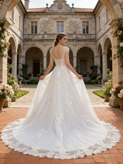 off shoulder lace A-line wedding dress with floral applique train - image 6