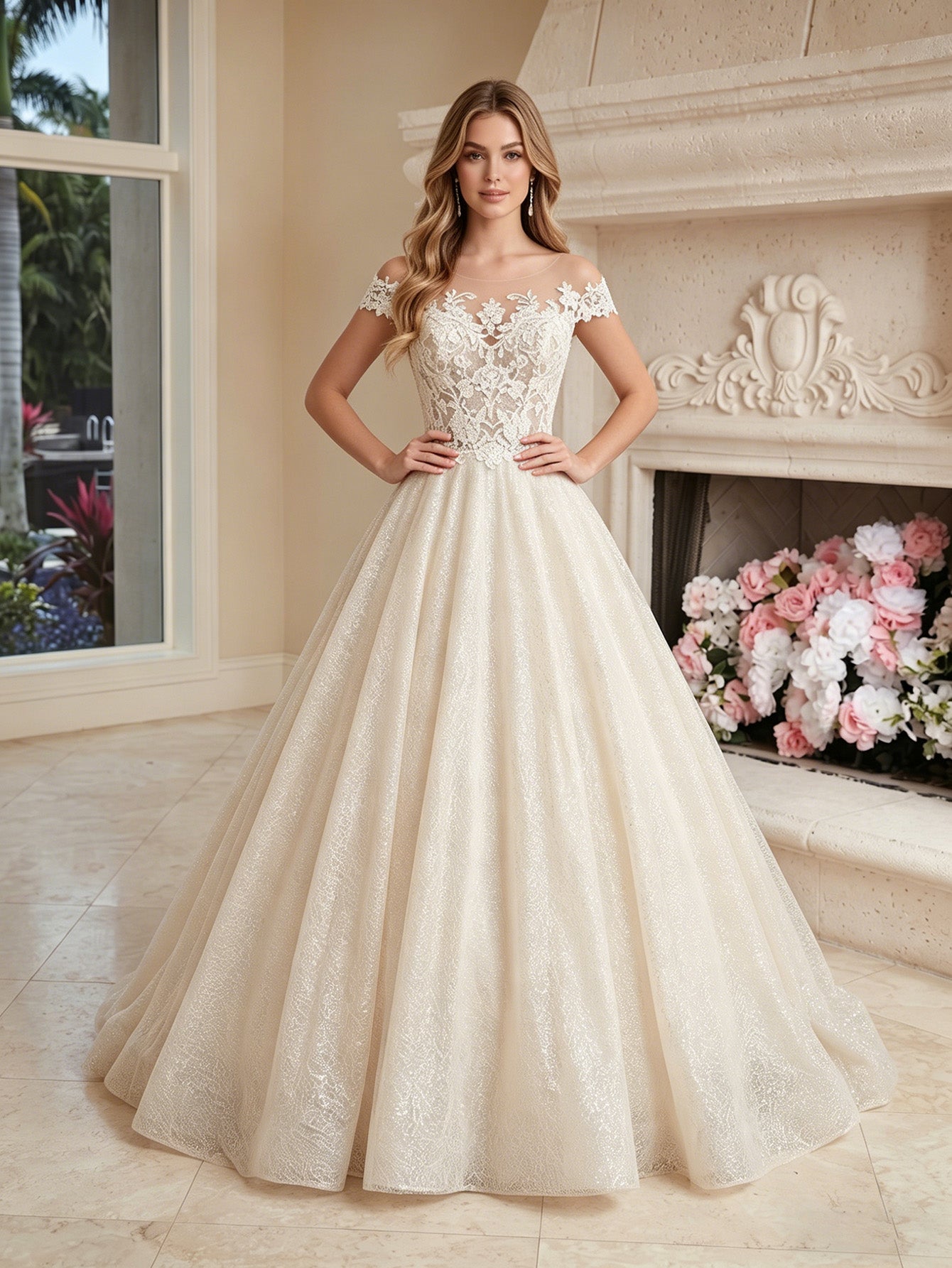 off shoulder lace tulle ball gown wedding dress with sweetheart neckline - image 6